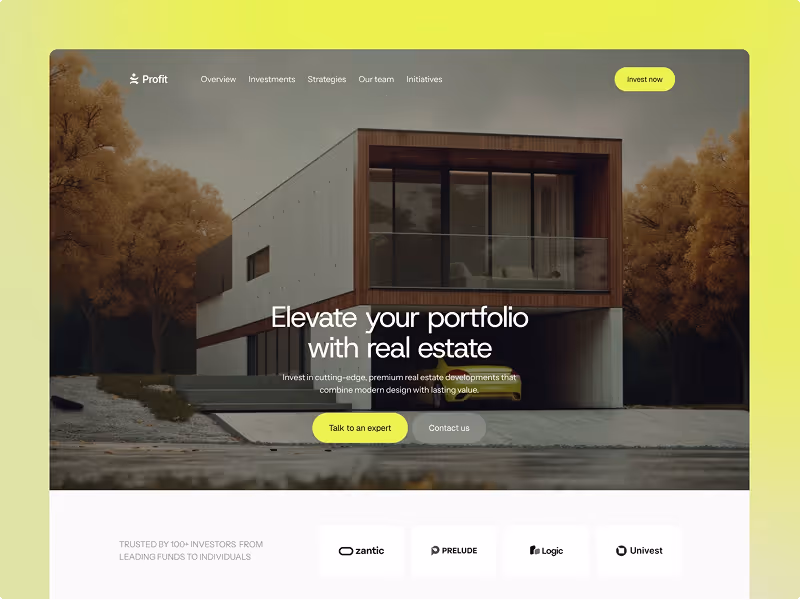 Modern concrete and wood house with large glass windows, surrounded by autumn trees, with website text about real estate investment and navigation menu on top.