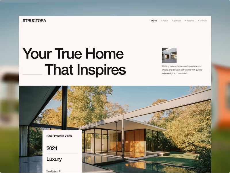 Website homepage for STRUCTORA featuring modern glass house in wooded setting with text 'Your True Home That Inspires' and luxury eco retreats promotion.