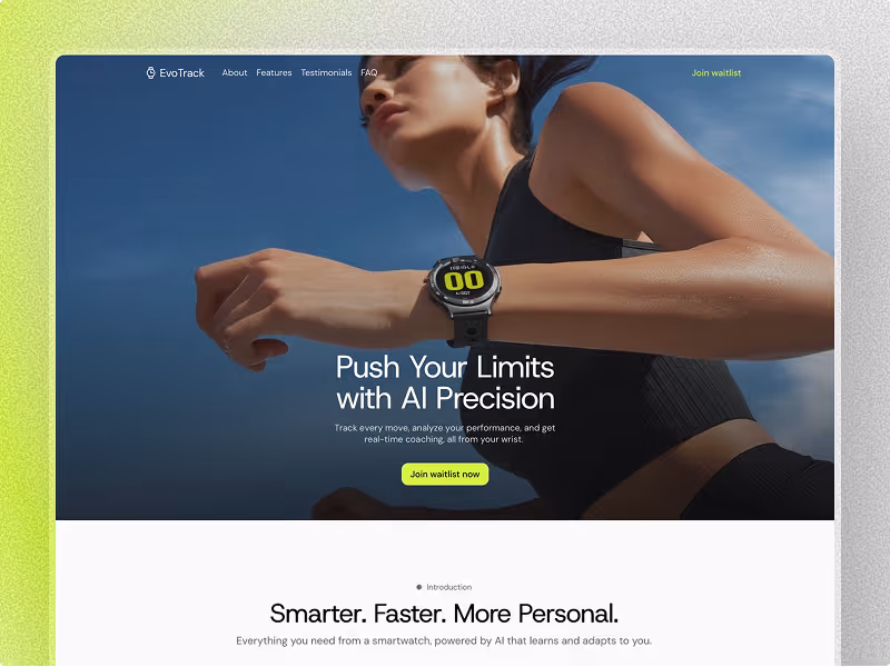 Woman running outdoors wearing a smartwatch with a digital display under the slogan 'Push Your Limits with AI Precision.'