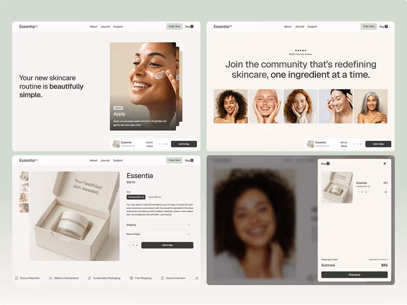 Four website screenshots showing Essentia skincare product promotion, including application steps, diverse smiling faces, product packaging with price, and a checkout screen.